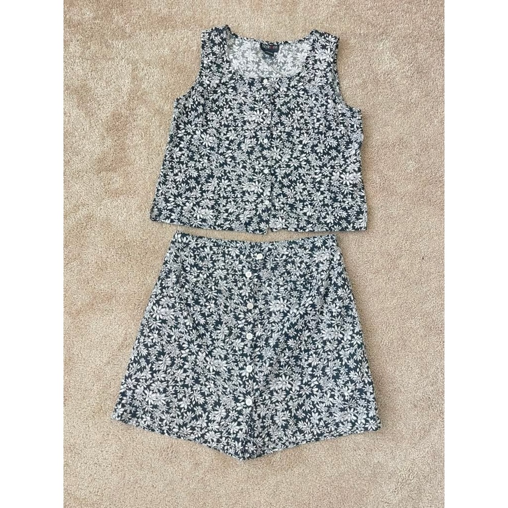 Style & Co 2 Piece Set Top and Shorts Black White Floral Cotton Vintage 90s 12